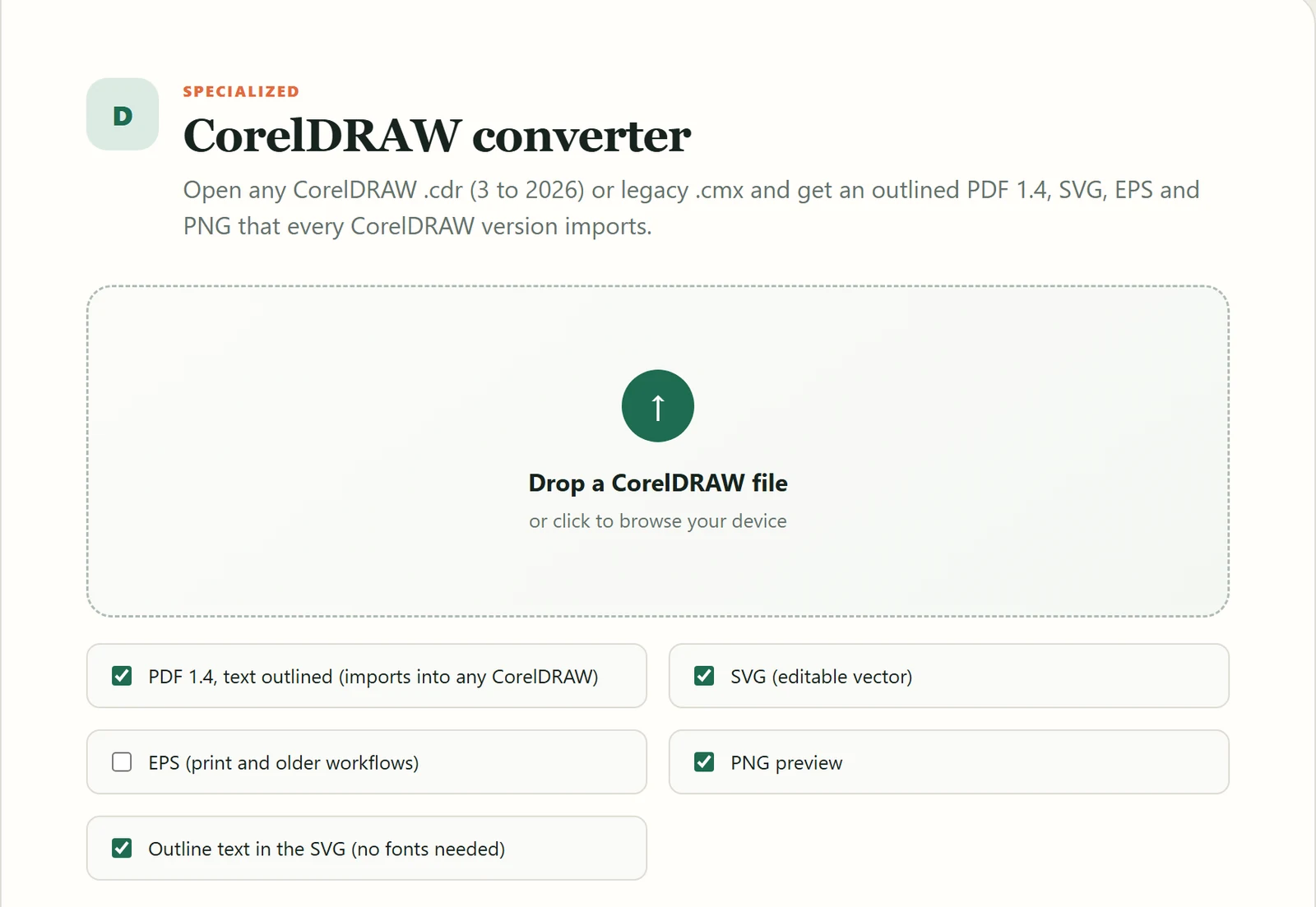 The CorelDRAW converter card with its output options