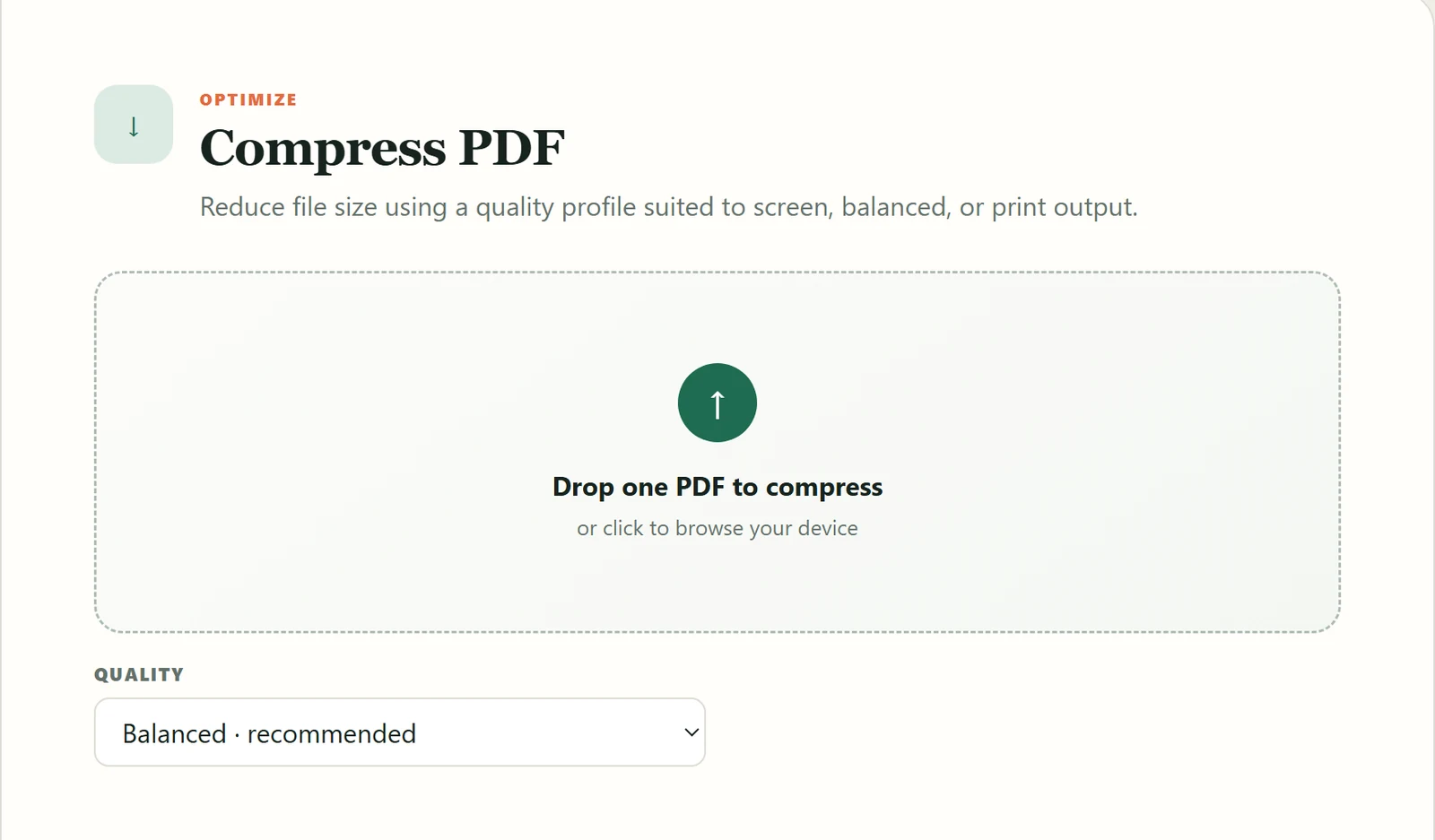 The Compress PDF tool card with its quality options and the Compress button