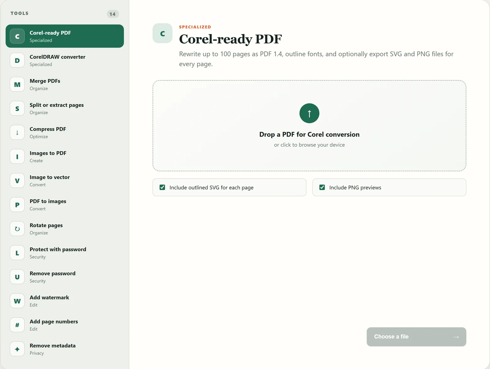 The PDF Workshop home page: the tool list on the left, the work card with its dotted drop area in the middle